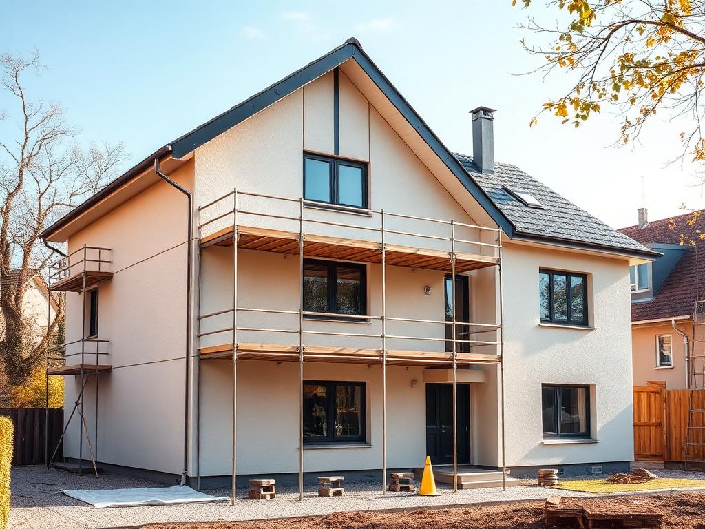 Haus in energetischer Sanierung mit neuer Fassade und Gerüst