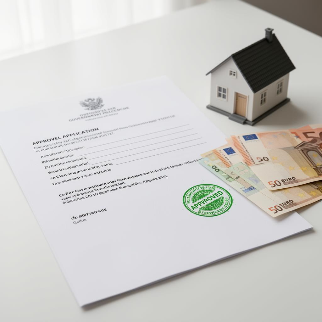 Bewilligter Förderantrag mit grünem Prüfsiegel, Hausmodell und Euro-Scheinen