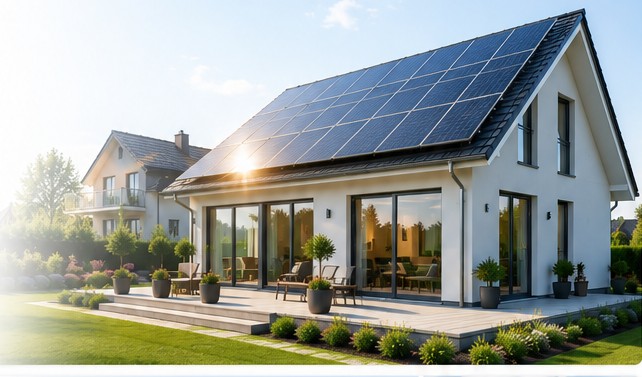 Modernes Einfamilienhaus mit Photovoltaikanlage im Abendlicht